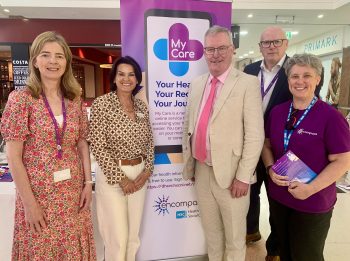 L-R Gillian Coburn, South Eastern Trust Readiness Owner, South Eastern Trust Director of Children’s Services and Executive Director of Social Work Lyn Preece, Health Minister Mike Nesbitt, Michael Mulholland, Chief Social Work and Social Care Information Officer and Ethna Scallon, Social Work, Social Care Transformation Lead