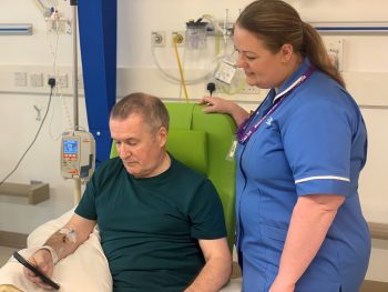 South Eastern Trust Patient Davy King With Ulster Hospital’s Staff Nurse Cheryl White On The Benefits Of The My Care Patient Portal App