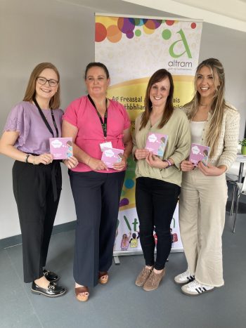 L-R Regional Irish Immersion Sure Start Support Specialist Wendy Mistéil, Manager of Ionad na Fuiseoige Aisling Walls, South Eastern Trust Sure Start Speech and Language Therapist Gemma McNally and South Eastern Trust Sure Start Speech and Language Therapist Alison Parke