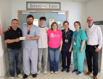 L/R: James Forsythe, Dr David Hendron (Consultant Anaesthetics & ICU), Thomas Forsythe, Nicola Forsythe, Shauna Lyna (Intensive Care Unit Manager), Cara Hagan (ICU Staff Nurse) & Robert Adair (Treasurer, Ards Rangers Football Club)