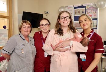 Mum Rachel Carlson with her baby boy Fintan along with South Eastern Trust, Infant Feeding Lead Midwife, Ruth Leemon, Infant Feeding Lead, Emily Moss and Maternity Support Worker, Melanie McAlpine