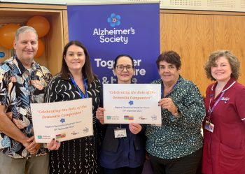 L-R South Eastern Trust’s Service User Consultant Alan Dagg, Alzheimer’s Society, Services Manager, Fiona Brown, Belfast Trust Delirium Prevention Emma Sweeney, South Eastern Trust Service Improvement Lead, Dementia Tracy Kane and Age NI’s Head of Care Patricia Doyle