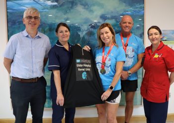 Dr John Smyth (Consultant Nephrologist), Amanda Byers (Renal Unit Manager), Valerie and Edwin Walker and Claire McKenzie (Sister, Renal Unit)