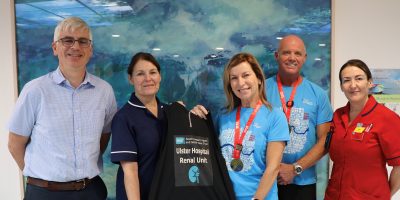 Dr John Smyth (Consultant Nephrologist), Amanda Byers (Renal Unit Manager), Valerie and Edwin Walker and Claire McKenzie (Sister, Renal Unit)
