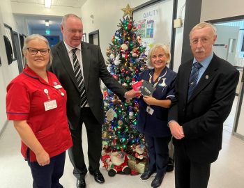 Emma Service (Ward Manager), Graham Walker (Steward of Charities, Albertbridge Masonic Lodge), Karen Orr (Paediatric Lead Nurse) & Fred Morehead (Chaplain, Albertbridge Masonic Lodge)