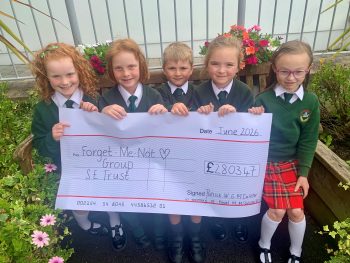 Hazel’s granddaughter Cora Carlisle together with friends, Phoebe Matthews, George Matthews, Poppy Hunter and Molly Haggan who cycled from Donaghadee to Groomsport to raise money for the Ulster Hospital’s Forget Me Not Focus Group