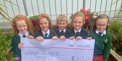 Hazel’s granddaughter Cora Carlisle together with friends, Phoebe Matthews, George Matthews, Poppy Hunter and Molly Haggan who cycled from Donaghadee to Groomsport to raise money for the Ulster Hospital’s Forget Me Not Focus Group
